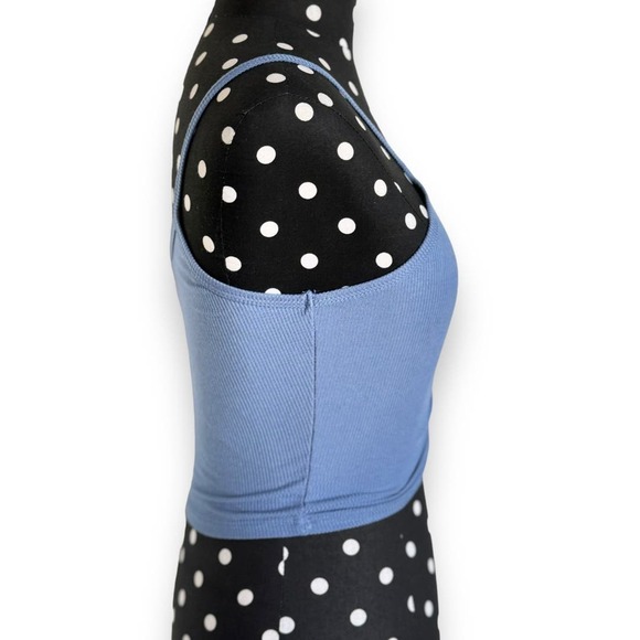 SOLD - Full Tilt Women Tank S Blue Ribbed Knit Ruched Gathered Cropped Spaghetti - Picture 4 of 8